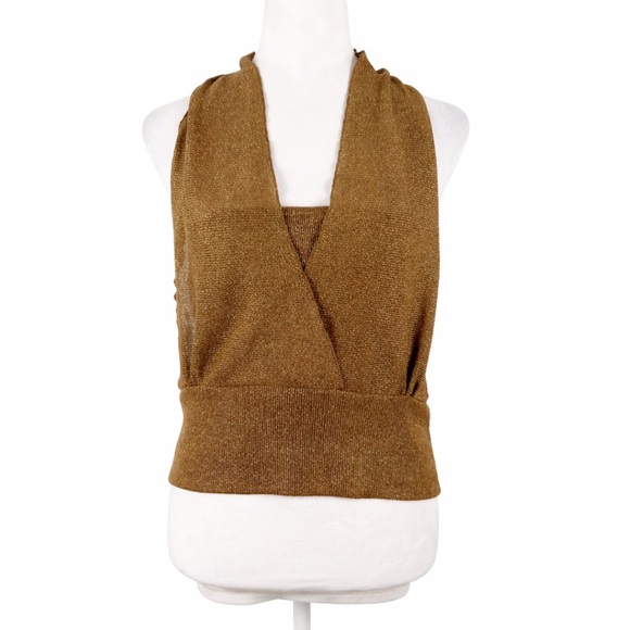 Vintage 90s Santoray Italy Wrap Around Halter Top Gold Tan Size Small - Picture 3 of 5